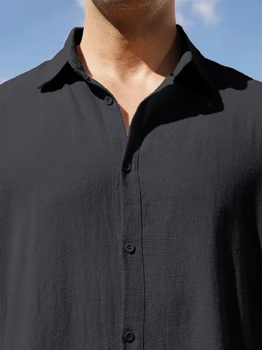 Vista 6 de Camisa de algodón y lino para hombre, con botones, color sólido, para verano, casual, playa, hawaiana