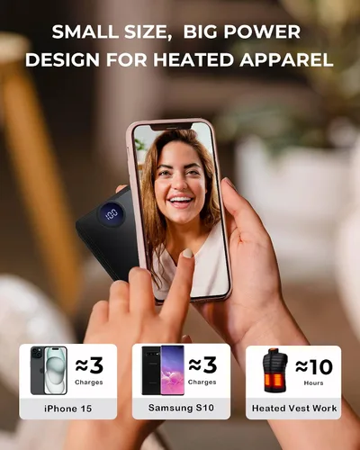 Vista 5 de Paquete de batería de chaleco calefactable, cargador de batería recargable con pantalla LED, entrada tipo C y salida USB-A dual para ropa térmica