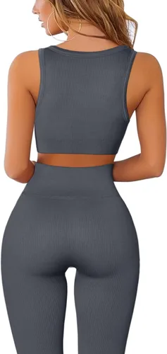Vista 2 de QINSEN Conjuntos de entrenamiento para mujer, 2 piezas, acanalados, sin costuras, sin mangas, cintura alta, leggings de yoga