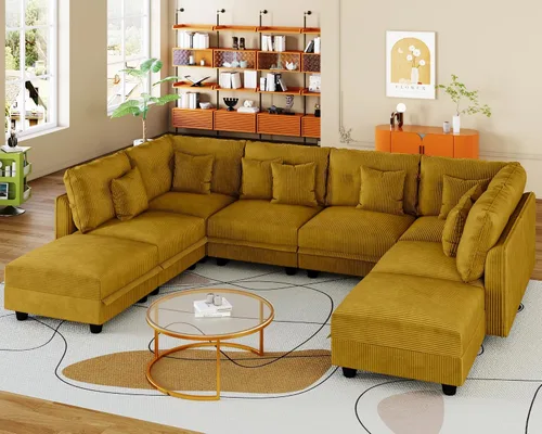 Vista 27 de LLappuil Sofá seccional modular con asientos de almacenamiento, sofá seccional convertible modular en forma de U de pana para sala de estar, sofá