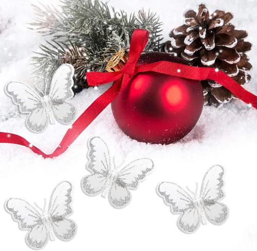 Vista 4 de Firlar Adorno de mariposa con purpurina de Navidad, 24 piezas de clip de mariposa para árbol de Navidad, coronas, fiestas, decoración de boda