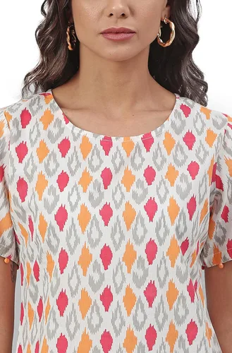 Vista 7 de Janasya Vestido de una línea estampado blanco roto para mujer india