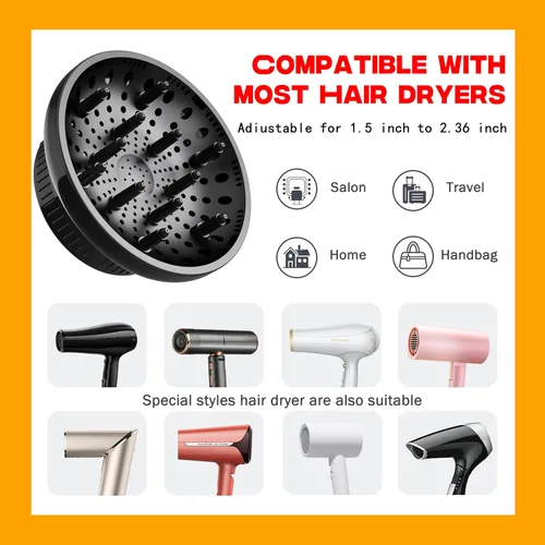 Vista 6 de BLOLYO - Difusor universal para secador de pelo, accesorio de boquilla ajustable de 1.5 a 2.36 pulgadas para cabello rizado y ondulado natural, Negro