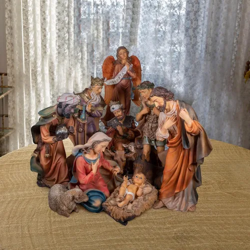 Vista 5 de Patelai 2 piezas Camino de Mesa Navideño de Natividad 47 x 70 pulgadas Camino de Mesa Rústico de Arpillera Accesorios de Escena de Natividad