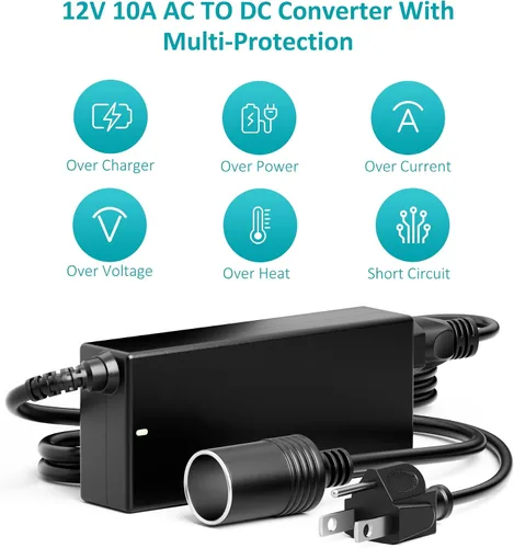 Vista 6 de Convertidor de CA a CC, convertidor de 110 V/120 V a 12 V, adaptador de encendedor de cigarrillos de 10 A 120 W a enchufe de pared, cable de 7.87