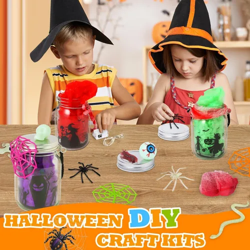 Vista 5 de OCHIDO Actividades de manualidades de Halloween para niños, paquete de 6 tarros de cristal para actividades artísticas escolares, suministros