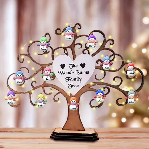 Vista 2 de Árbol genealógico de madera personalizado de muñeco de nieve de Navidad, letrero de árbol de la vida de madera personalizado, letrero de mesa