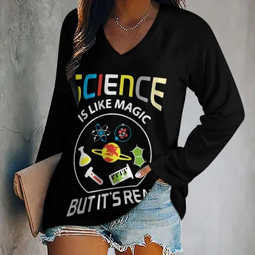 Vista 2 de Science Like Magic - Camisetas de manga larga para mujer, cuello en V, estampadas, blusas gráficas
