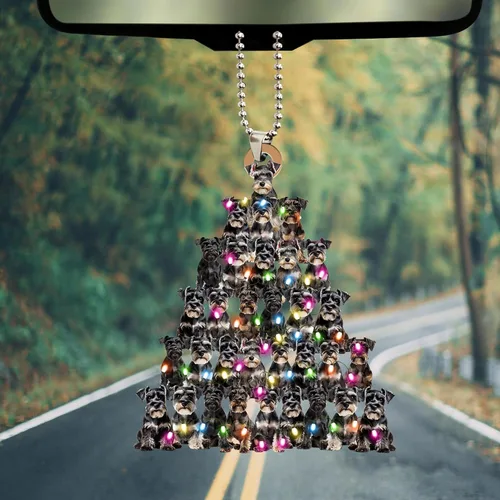 Vista 5 de Talataca Adorno Navideño Plano 2D de Schnauzer Miniatura, Adorno de Árbol de Navidad en Forma de Pino con Luz de Cadena, Adorno de Árbol de Pino