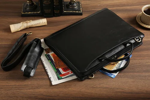 Vista 5 de Organizador de cuero genuino, maletín profesional de cuero de negocios con correa, 14 × 10.5 pulgadas personalizado Padfolio de cuero con asa, negro