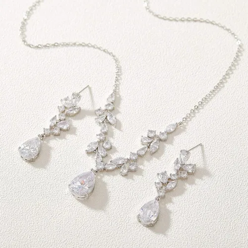 Vista 5 de SWEETV Juego de joyas de boda para novias, damas de honor, circonita cúbica, lágrima, collar y aretes, joyería de boda para mujer