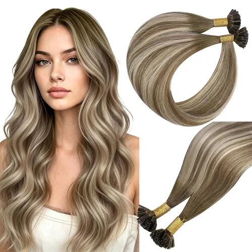 Vista 25 de Easyouth Extensión de cabello humano rubio con cola de caballo, extensiones de cabello humano rubio dorado con reflejos rubios, extensiones