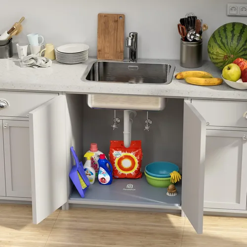 Vista 9 de Tapete para debajo del fregadero, bandeja de silicona para gabinete de cocina de 25 x 22 pulgadas, impermeable y flexible para debajo del fregadero