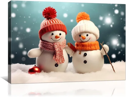 Vista 5 de gaosoul Lienzo de muñeco de nieve navideño para pared, lindo muñeco de nieve en pintura de paisaje nevado, póster navideño para sala de estar