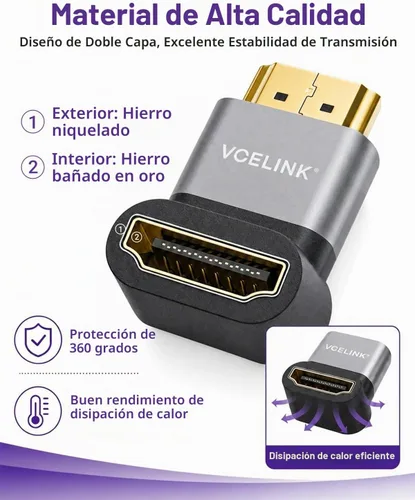 Vista 4 de VCELINK 10K 8K HDMI 2.1 Adaptador de ángulo recto para TV montado 48Gbps