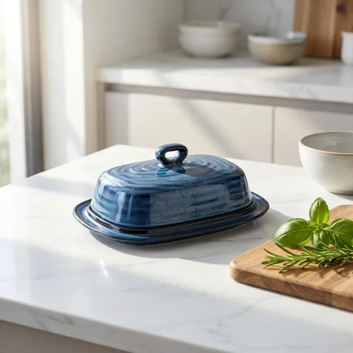 Vista 5 de HASENSE - Mantequillera con tapa, recipiente de mantequilla de porcelana con asa para encimera, gran mantequera y soporte con cubierta para Azul