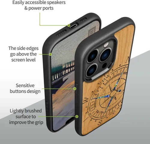 Vista 6 de Carveit Funda magnética de madera de diseñador para iPhone 14 Pro Max, grabado en madera e incrustaciones de concha, funda de madera única