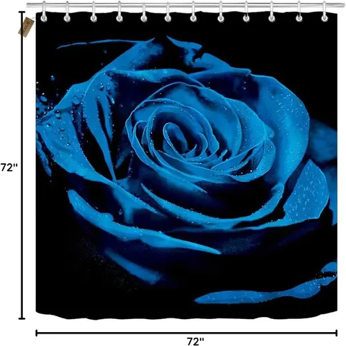 Vista 8 de Juego de 4 cortinas de ducha con diseño floral azul real, decoración de baño con diseño de flores de lluvia, cortina de ducha negra de tela, regalos
