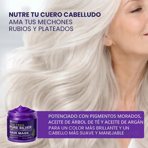 Vista 6 de KESMEDIK Máscara para el cabello morado de árbol de té, fórmula plateada pura para tonos amarillos cobrizos, acondicionador profundo con árbol de té