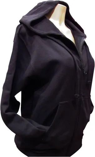 Vista 6 de Sudadera con capucha negra y plateada con diseño de cruz y alas de ángel, con cremallera negra