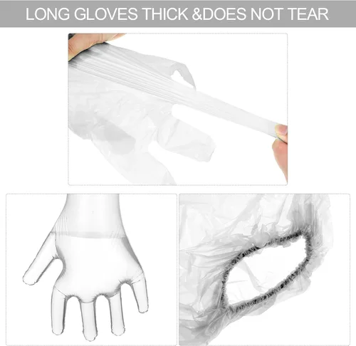 Vista 4 de Honeydak 30 pares de guantes desechables de PVC para caza de ciervos, guantes de limpieza con manoplas largas y cortas Claro