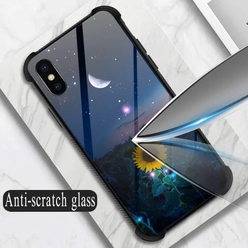 Vista 5 de Funda para iPhone Xs Max, diseños de girasol, estrella, cielo, cubierta trasera de cristal templado antiarañazos, esquinas reforzadas, carcasa