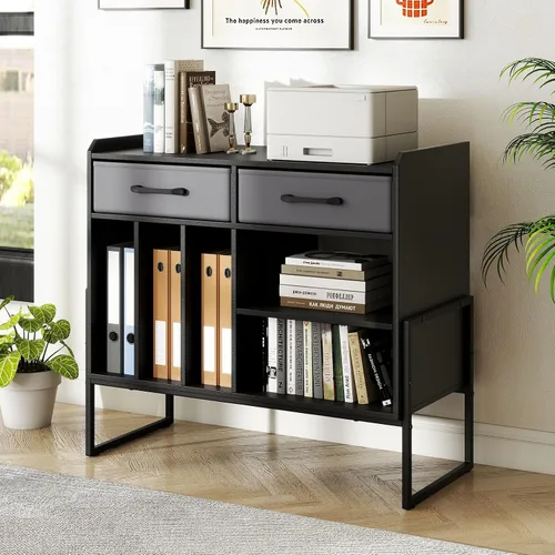 Vista 8 de Giantex Soporte grande para tocadiscos con estación de carga, moderno soporte giratorio con 2 cajones de tela y estante ajustable, mesa