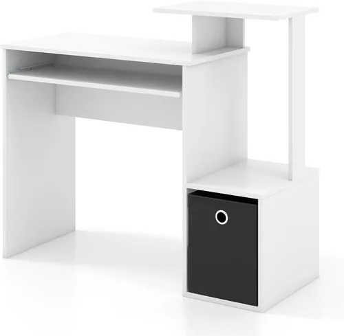 Vista 9 de Tangkula Escritorio para computadora con cajón de tela y bandeja para teclado, escritorio de estudio que ahorra espacio con estantes