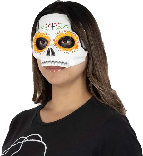 Vista 5 de Ghoulish Productions Máscara Huesudita. Máscara de látex Catrina con flores, media máscara de látex para adultos, talla única. Día de la línea