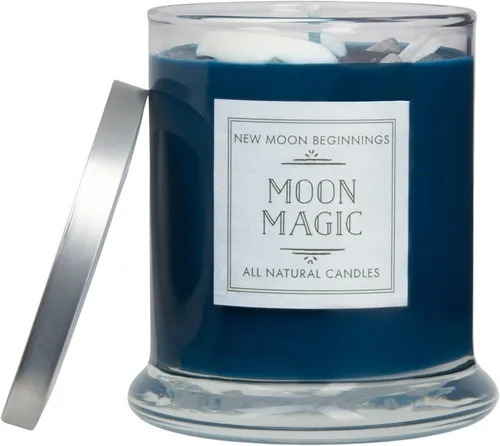 Vista 5 de New Moon Beginnings Vela Crescent Moon - Vela en tarro de cristal - Aroma cálido, picante, amaderado - Azul - Estilo moderno - Tema de luna - Para