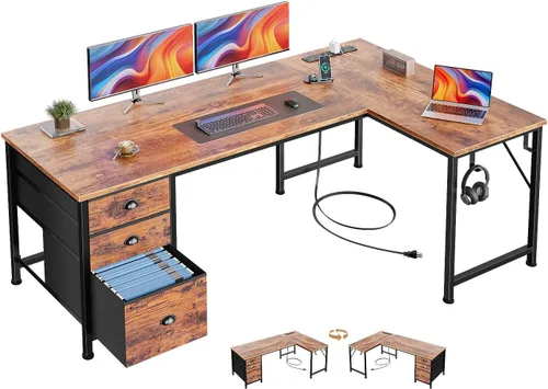 Vista 10 de Furologee Escritorio en forma de L de 55 pulgadas con tomas de corriente y puerto USB-C, escritorio esquinero reversible para computadora