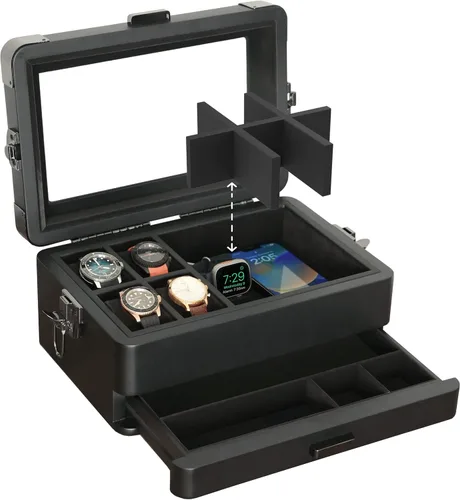 Vista 16 de CASE ELEGANCE Caja organizadora militar de 10 ranuras para reloj, para hombres, parte superior de cristal real, bandeja modular de valet, compatible