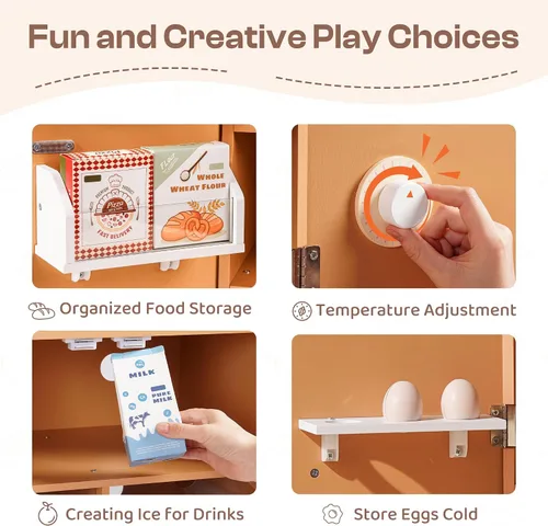 Vista 2 de ROBOTIME Refrigerador de madera para niños, refrigerador de cocina de juguete para niños pequeños, refrigerador de juguete con máquina de hielo