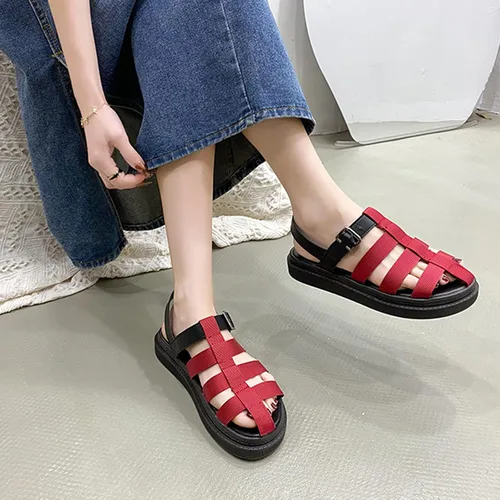 Vista 5 de Sandalias de gladiador Baotou huecas de verano para mujer, sandalias romanas de dos tonos ajustables con hebilla decorativa trenzada plana y cerrada