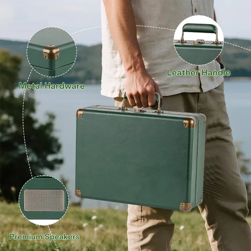 Vista 7 de Tocadiscos portátil con conexión Bluetooth, reproducción USB y batería recargable incorporada, tocadiscos de 3 velocidades, diseño de maleta