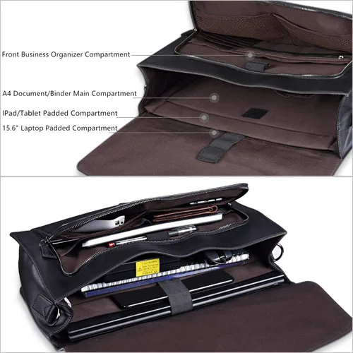 Vista 6 de ESTARER Portafolio de cuero para hombres de 15.6 pulgadas, bolsa para computadora portátil para oficina/negocios/viajes, bolsa de hombro grande