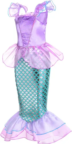 Vista 4 de Joy Join - Disfraz de princesa sirena para niñas pequeñas con peluca, corona rosa