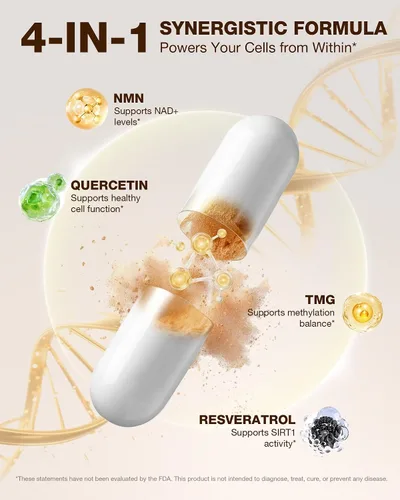 Vista 4 de Suplemento NMN, 4 en 1 NMN 1000 mg con resveratrol, TMG y quercetina, apoya la energía celular y el nivel de NAD+, alternativa NMNH y precursor
