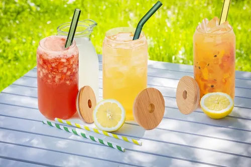 Vista 3 de Tapas de bambú para vidrio en forma de lata de cerveza, tapas para tarros ANOTION Mason con agujero para pajilla, 4 tapas de bambú reutilizables