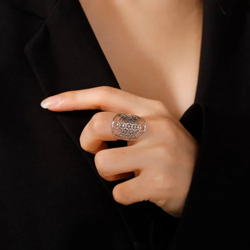 Vista 2 de Amaxer Metatron's - Anillo de acero inoxidable con diseño de arco y metatrón, para mujer, con banda abierta