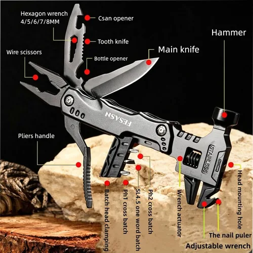 Vista 4 de Martillo multiherramienta con llave ajustable Fesasn, 16 en 1 Pocket Multi Tool Pliers, Stainless Steel, Survival Camping Multi Tool, Home DIY &