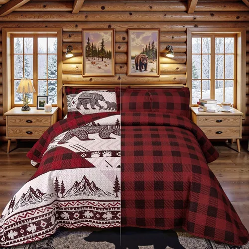 Vista 4 de Juego de 3 piezas de colcha tamaño King para cabaña, reversible, navideño, rústico, de microfibra, suave, ligera, de granja, con 2 fundas de 2-Oso