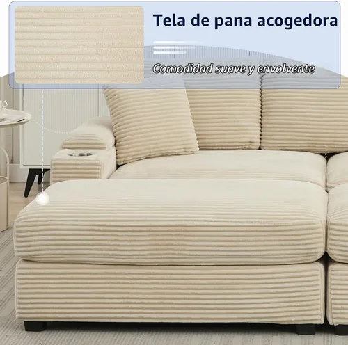 Vista 6 de Sofá seccional de 86.6 pulgadas con 2 otomanas, cómodo sofá convertible modular Cloud tapizado de pana con portavasos y USB, almacenamiento