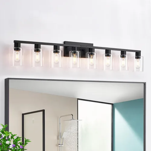 Vista 12 de Lámpara de tocador de baño de 4 luces, lámparas de baño negro mate con pantalla de vidrio transparente, 4 luces de tocador, accesorios