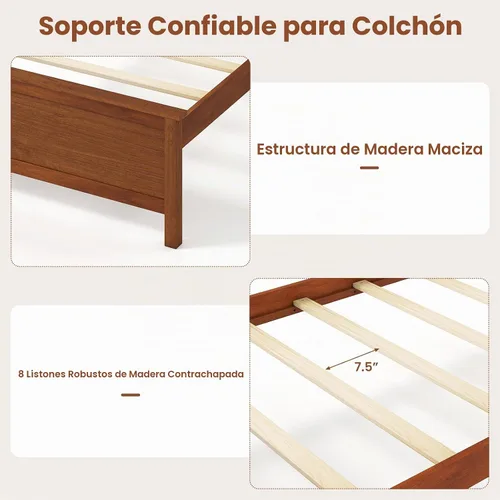 Vista 5 de GIANTEX Twin Size Wooden Bed Frame with Headboard, Wood Slat Support Farmhouse Platform Bed with Heavy Duty Mattress Foundation, Under-Bed