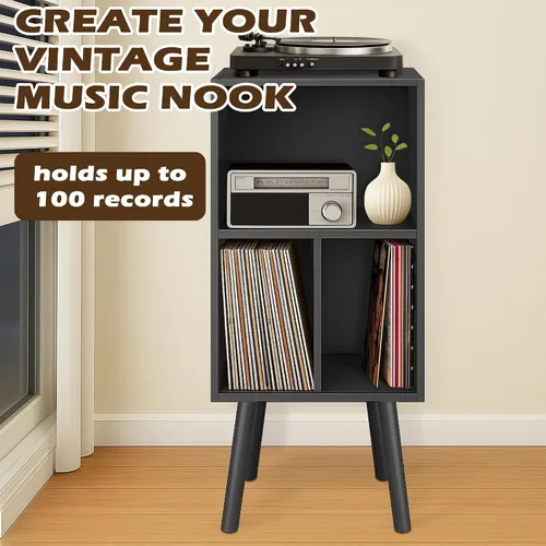 Vista 3 de Soporte para tocadiscos con almacenamiento de vinilo, soporte de madera para discos de vinilo de 3 niveles, gabinete para tocadiscos, soporte