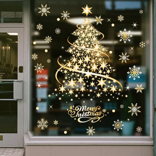 Vista 2 de Decoraciones de Navidad para ventana, árbol de Navidad dorado, copos de nieve, calcomanías de doble cara, decoración de ventana, pared, puerta
