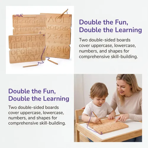 Vista 5 de Tabla de seguimiento de números y letras, tablero sensorial portátil de madera para aprendizaje del alfabeto, juguetes Montessori para niños de 3 a