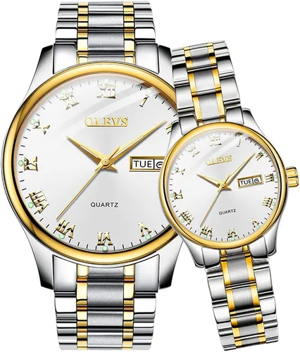 Vista 66 de OLEVS Juego de 2 relojes de cuarzo para parejas de San Valentín, calendario luminoso, ventana de fecha, 3 ATM, impermeable, casual, acero