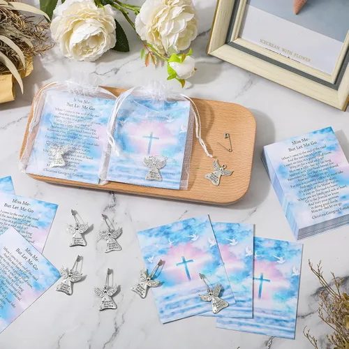 Vista 5 de SATINIOR 100 juegos de recuerdos fúnebres, alfileres conmemorativos de ángel de celebración de la vida con tarjetas de oración, bolsas de organza